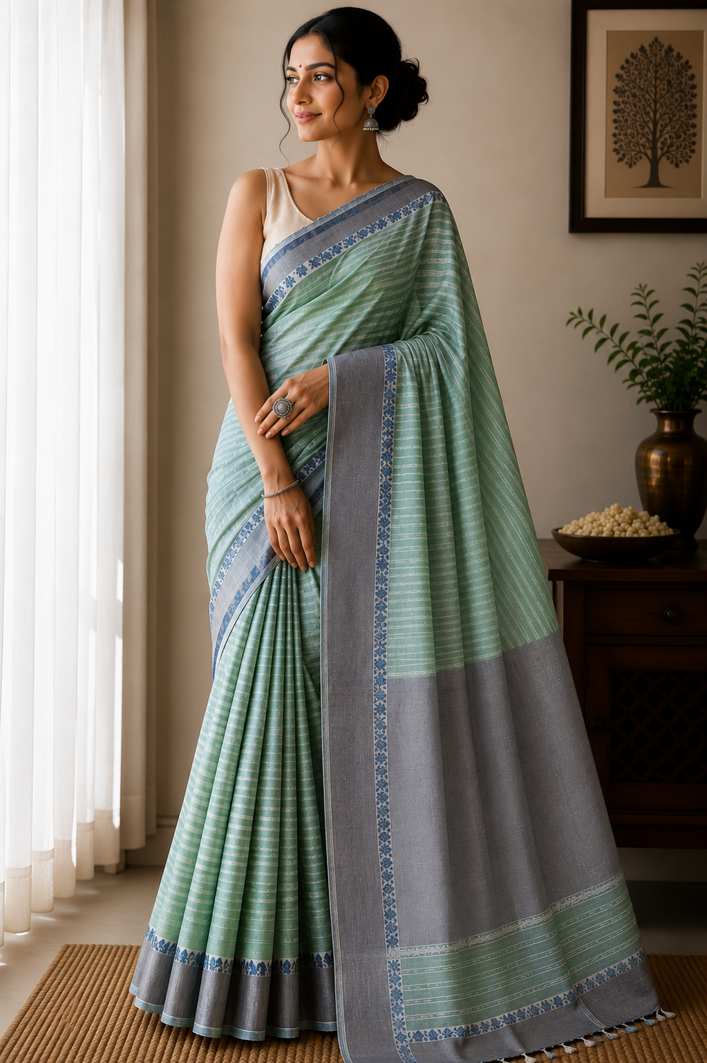 Cotton Striped Khadi Saree - Mint Green