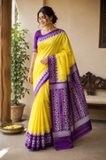 Tussar Jamdani Silk Saree (Tie & Dye) - Sunshine Yellow with Royal Purple Contrast