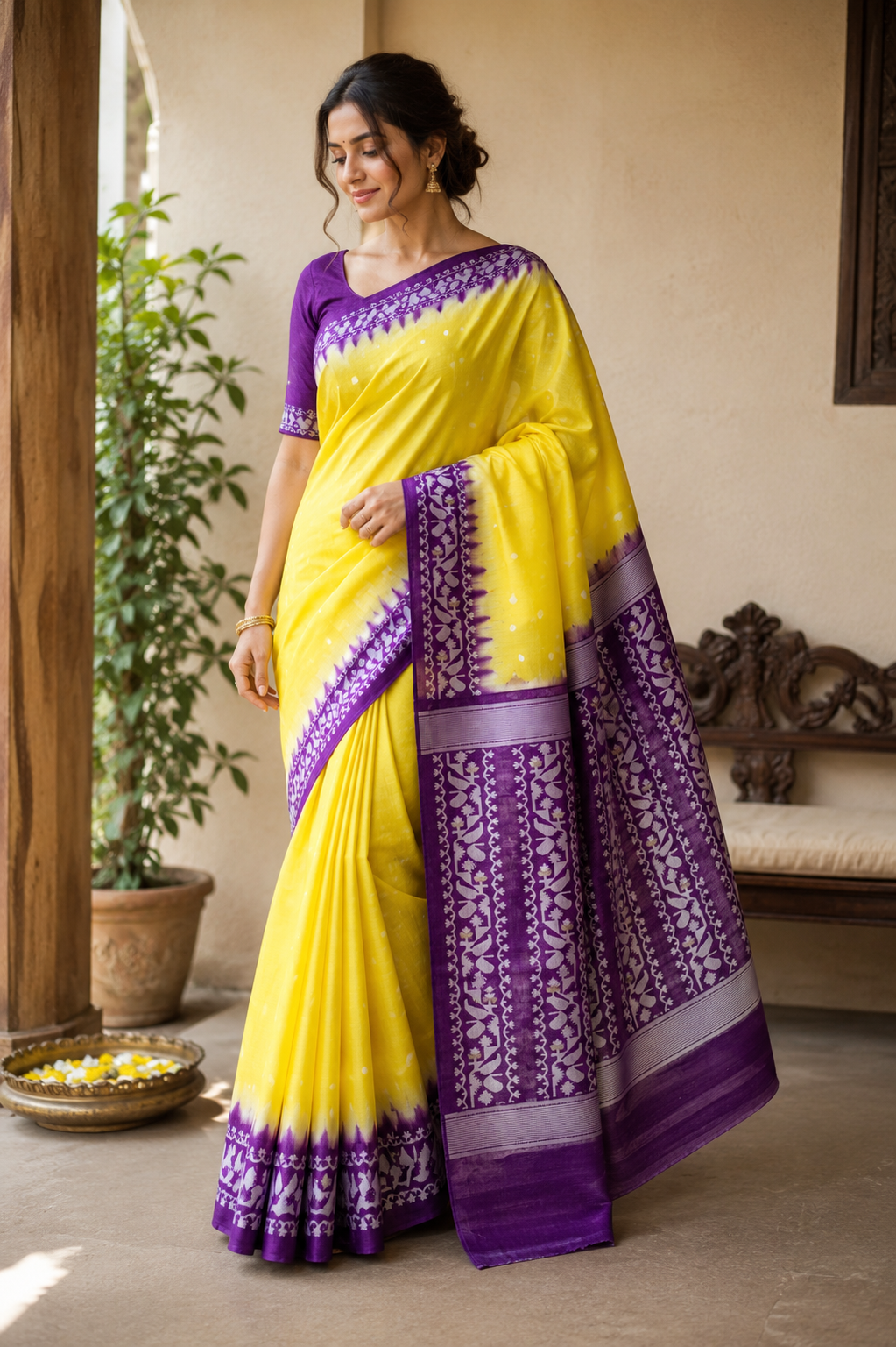 Tussar Jamdani Silk Saree (Tie & Dye) - Sunshine Yellow with Royal Purple Contrast