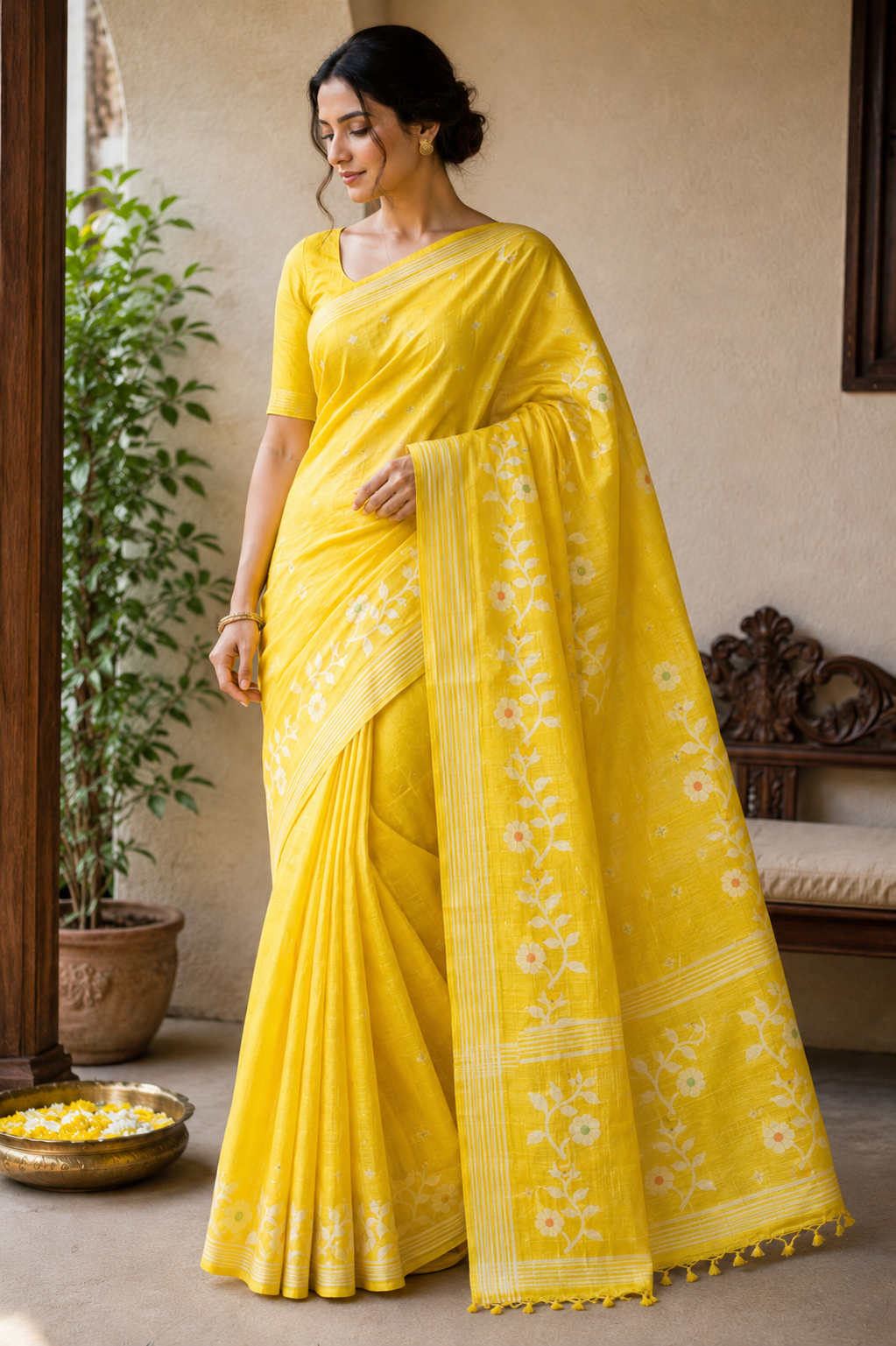 Pure Tussar Jamdani Silk Saree - Sunshine Yellow