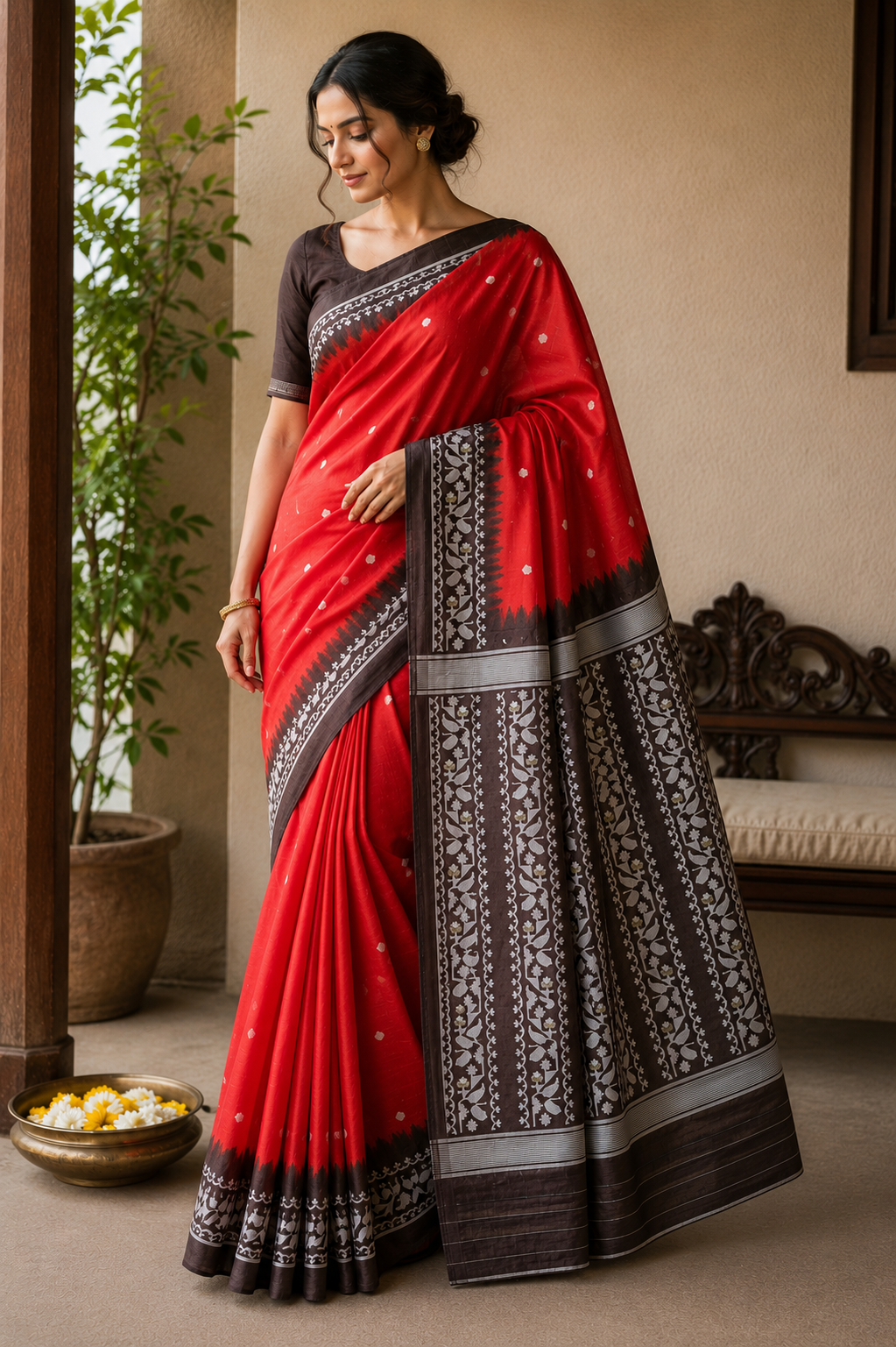 Tussar Jamdani Silk Saree (Tie & Dye) - Coral Red with Charcoal Black Contrast