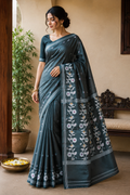 Pure Tussar Jamdani Silk Saree – Forest Green