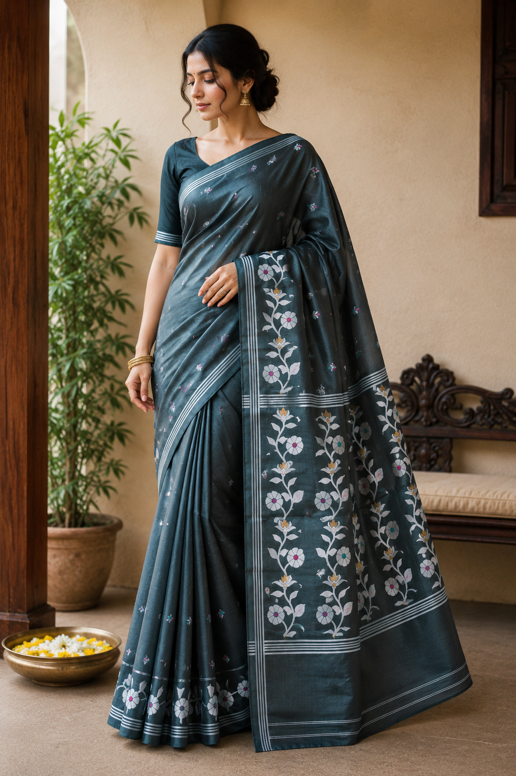 Pure Tussar Jamdani Silk Saree – Forest Green
