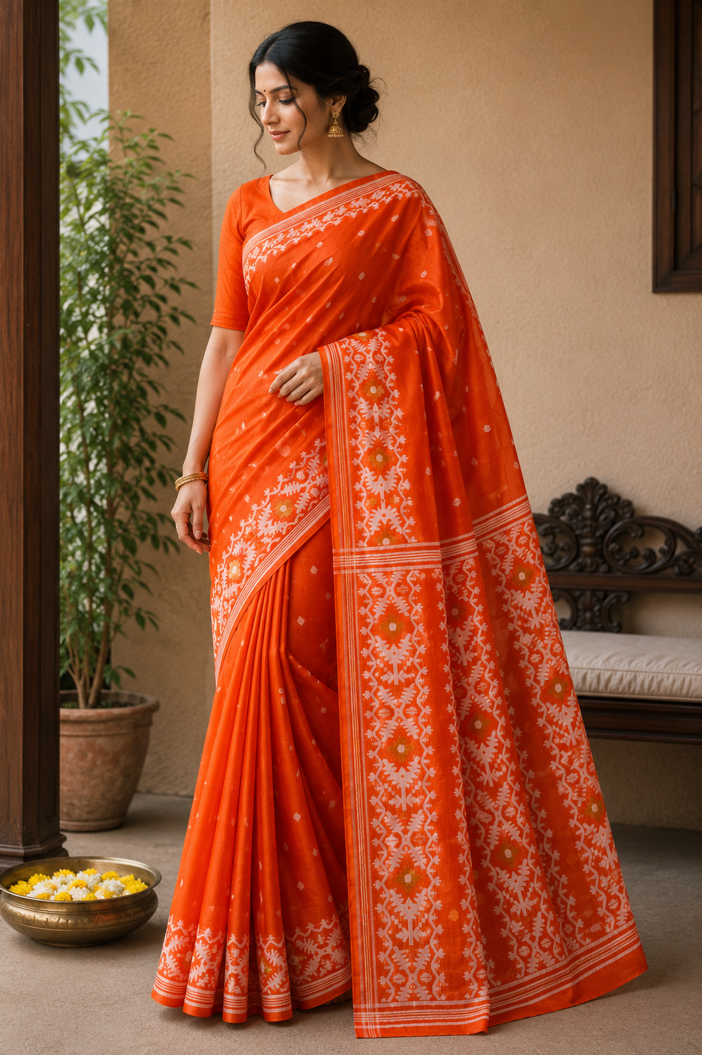 Pure Tussar Jamdani Silk Saree – Vermilion Orange