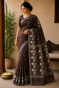 Pure Tussar Jamdani Silk Saree - Chocolate Brown