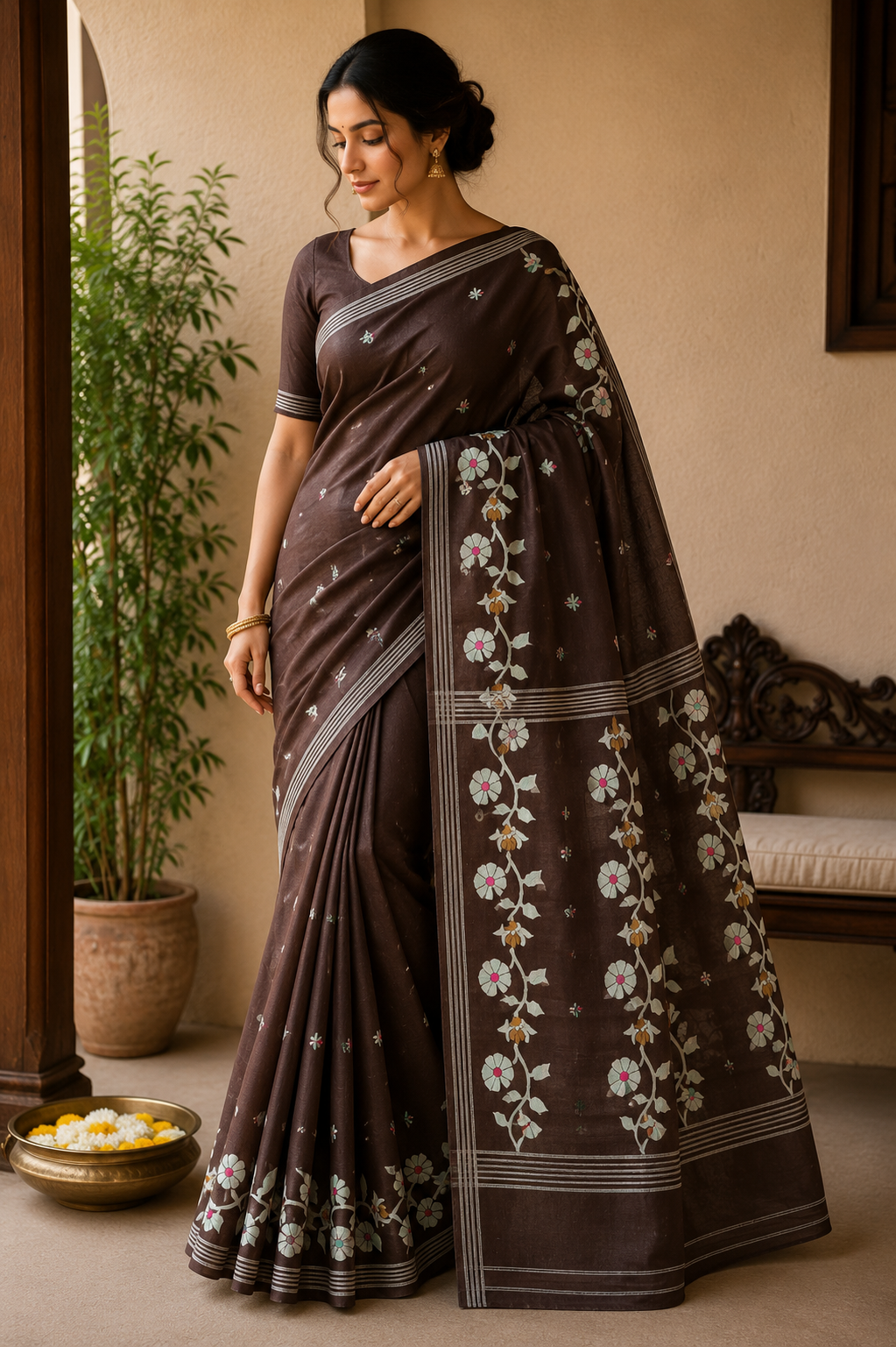 Pure Tussar Jamdani Silk Saree - Chocolate Brown