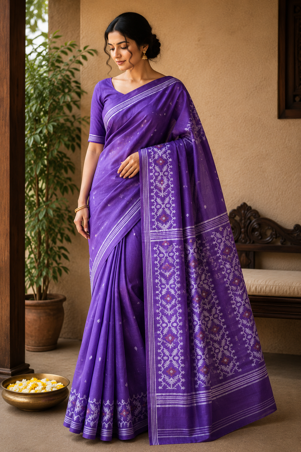 Pure Tussar Jamdani Silk Saree – Royal Purple Woven Designer Pallu