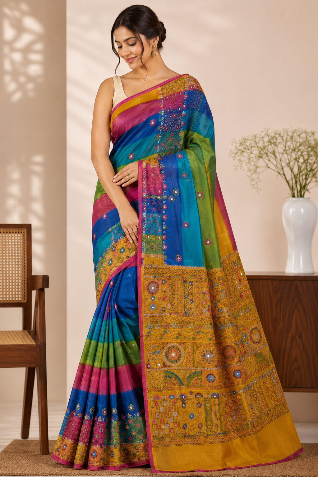 Pure Gachi by Gachi Tussar Silk Saree with Authentic Lambani Hand Embroidery - Royal Blue, Emerald Green, Mustard Yellow &amp; Magenta Multicolour Stripes