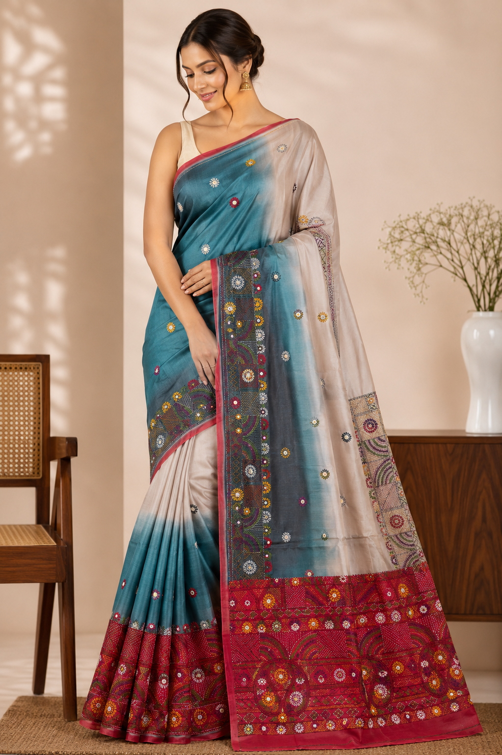 Pure Gachi by Gachi Tussar Silk Saree with Authentic Lambani Hand Embroidery - Ivory, Teal Blue &amp; Charcoal Ombre with Crimson Red Border