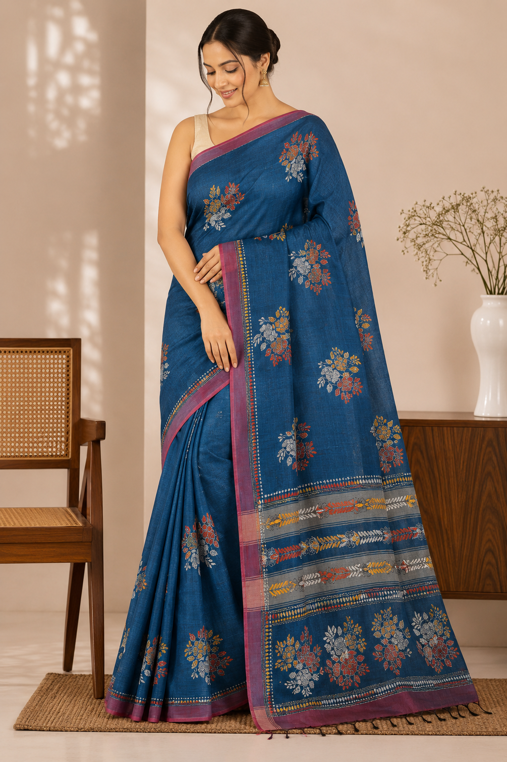 Handwoven Khadi Cotton Saree with Floral Kantha-Inspired Motifs