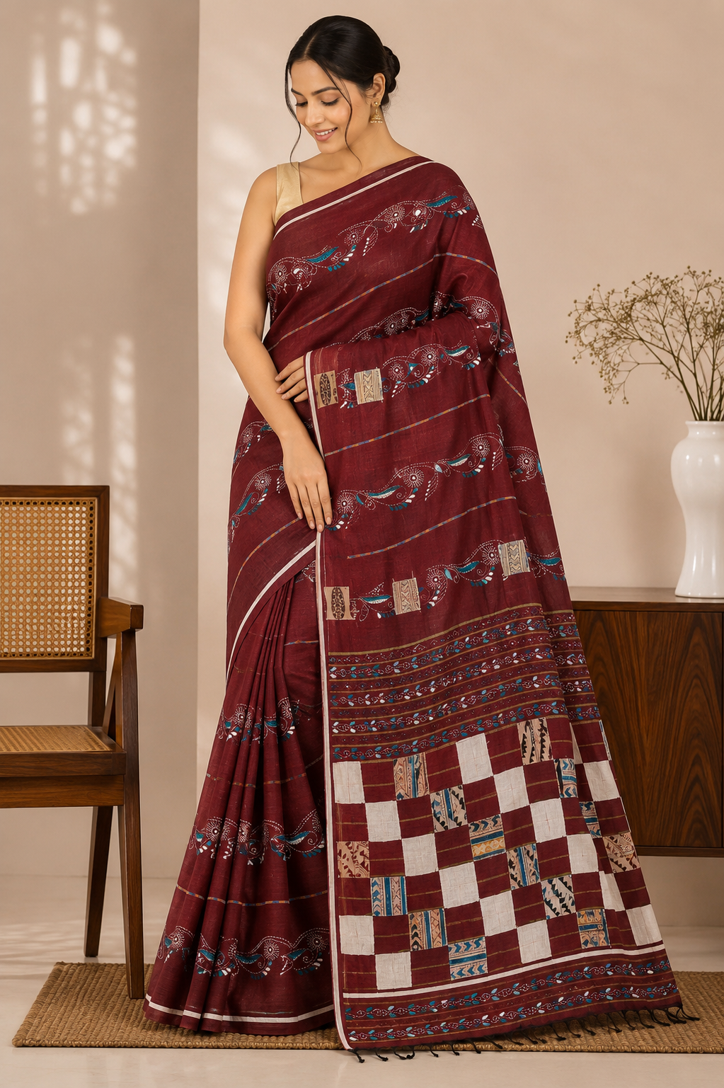 Handwoven Cotton Khesh Saree with Traditional Appliqué Work