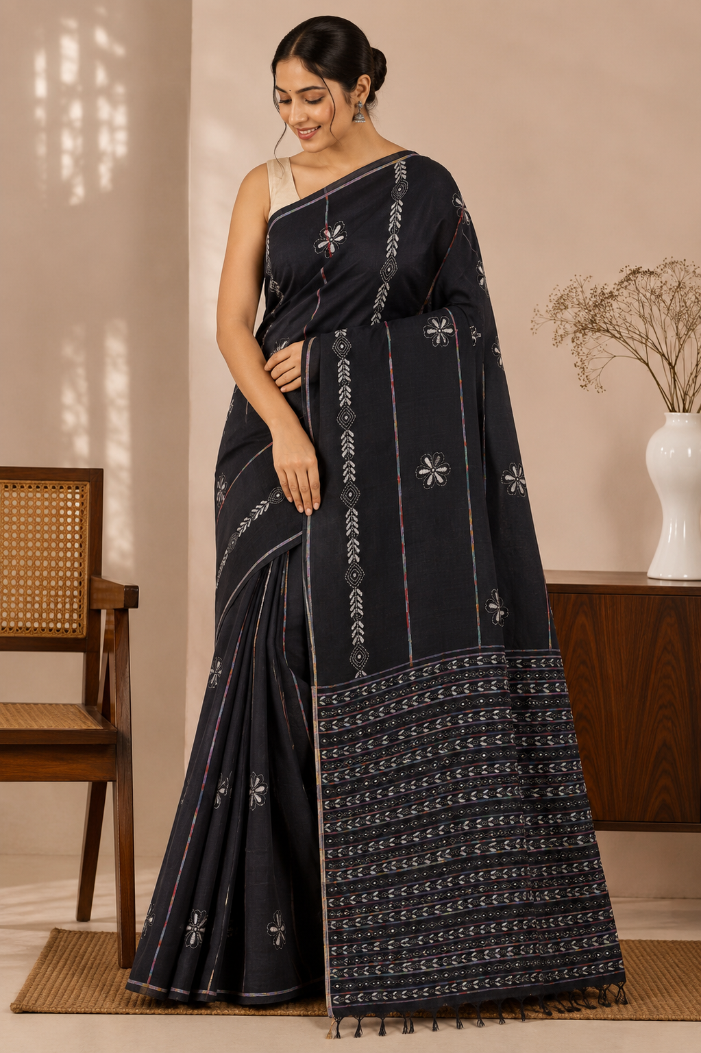 Pure Khadi Khesh Saree with Hand Kantha Embroidery – Black