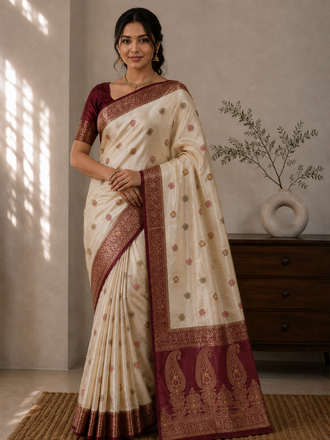 Pure Muga Tussar Silk Saree with Zari Buti & Grand Paisley Pallu - Ivory