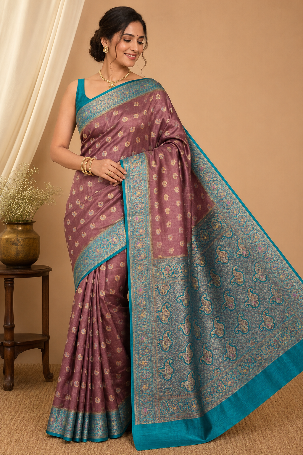 Pure Muga Tussar Silk Saree with Gold Paisley Butis & Teal Zari Pallu - Brown