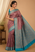 Pure Muga Tussar Silk Saree with Gold Paisley Butis & Teal Zari Pallu - Brown