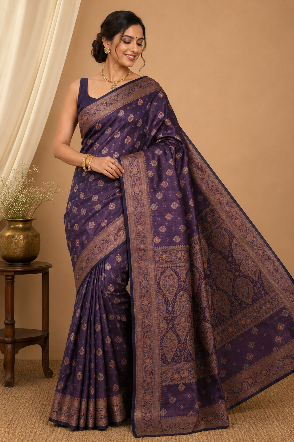 Pure Muga Tussar Silk Saree with Multicolour Zari Butis & Grand Paisley Pallu - Purple