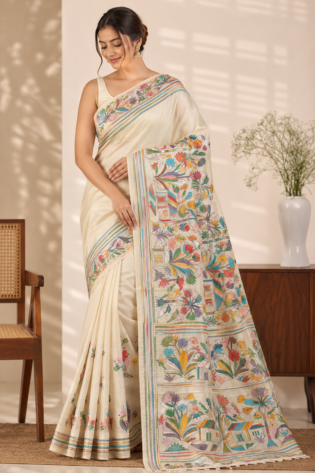 Pure Tussar Silk Saree with All-Over Hand Kantha Embroidery – Gram Bangla Collection
