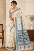 Pure Bengal Tussar Silk Kantha Booti Design Saree – Ivory White & Indigo Blue