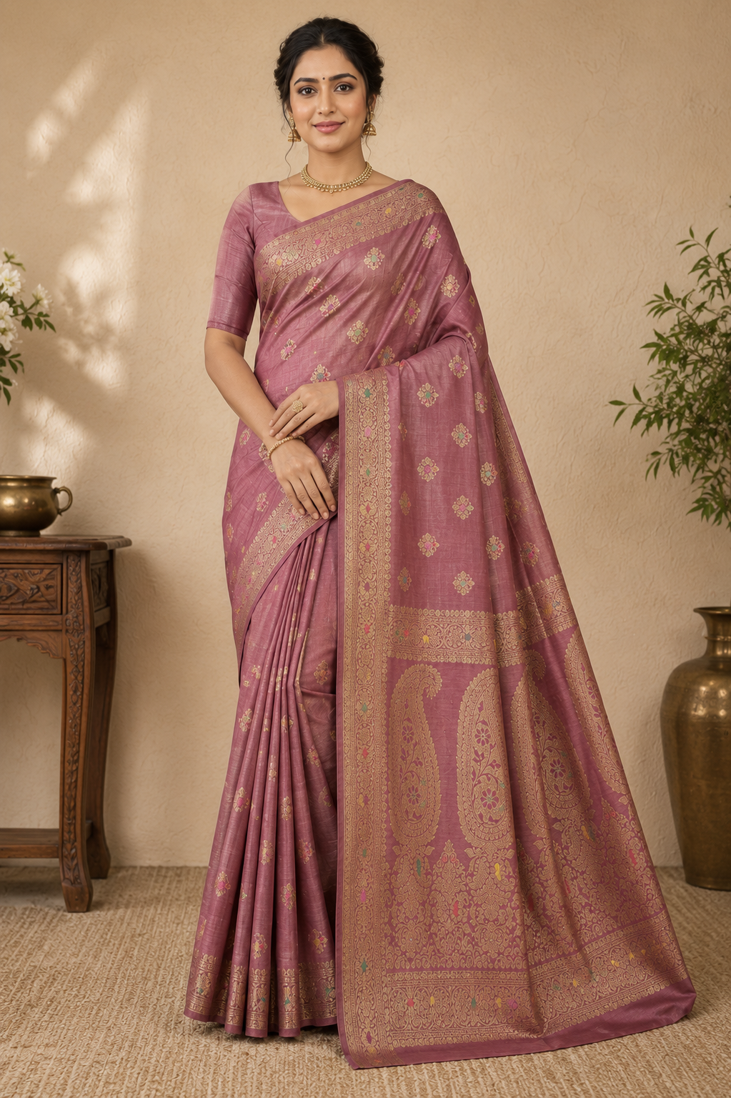 Pure Muga Tussar Silk Saree with Antique Zari Floral Butis - Rosewood Pink