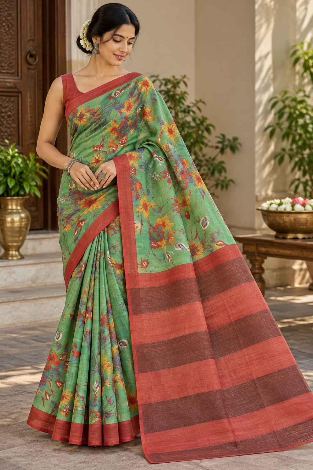 Green Floral Digital-Print Tussar Silk Saree with Rust-Red Pallu without BP