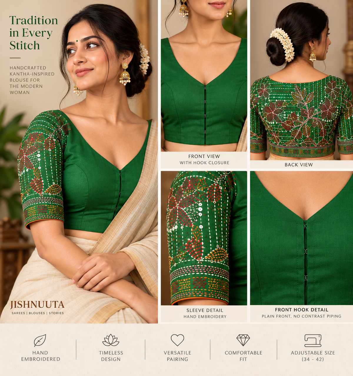 Green Kantha Embroidered Cotton Blouse