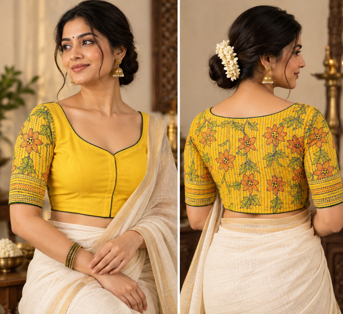 Mustard Yellow Cotton Kantha Blouse
