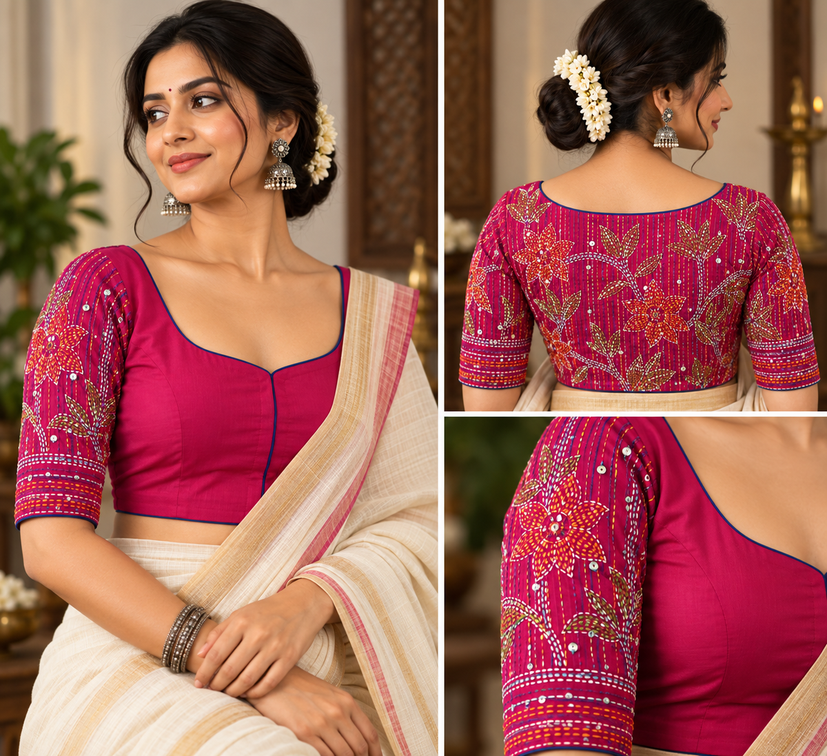Magenta Pink Cotton Kantha Blouse