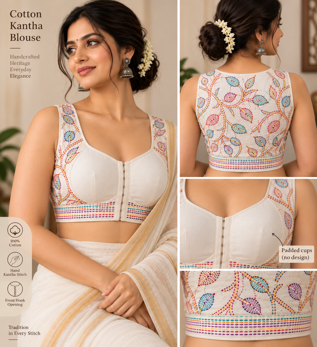 White Kantha Stitch Padded Sleeveless Blouse