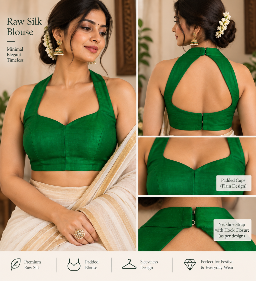 Emerald Green Raw Silk Plain Padded Sleeveless Blouse