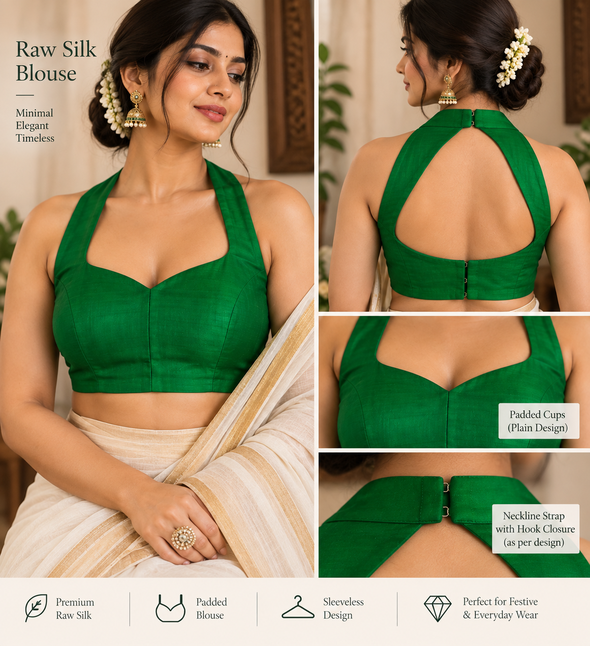 Emerald Green Raw Silk Plain Padded Sleeveless Blouse