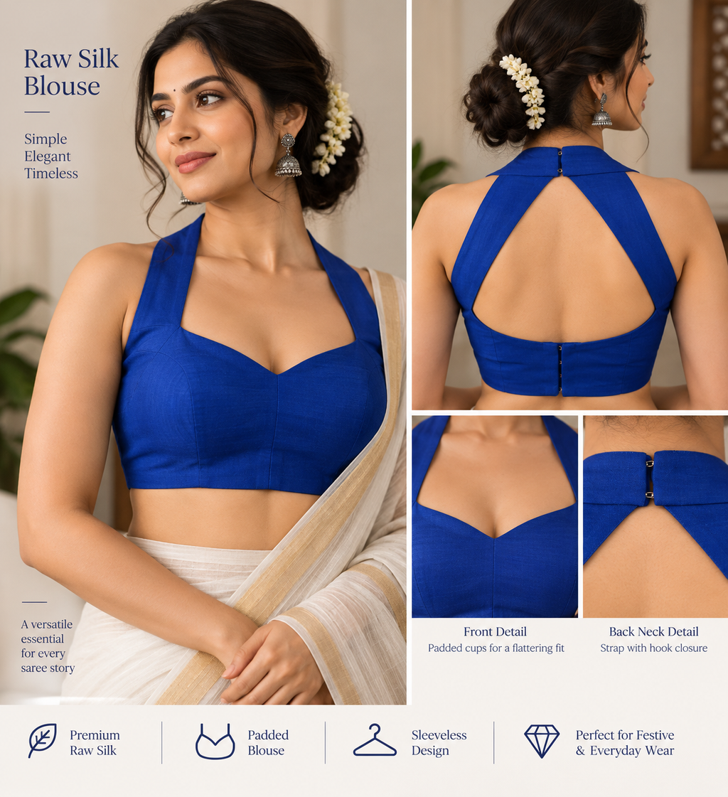 Royal Blue Raw Silk Padded Sleeveless Blouse