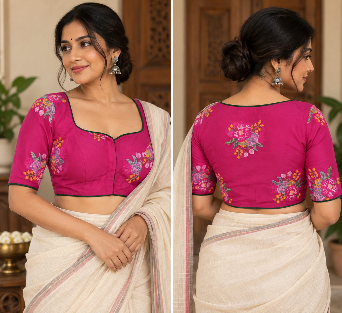 Pink Cotton Cross-Stitch Embroidered Blouse with Sleeves