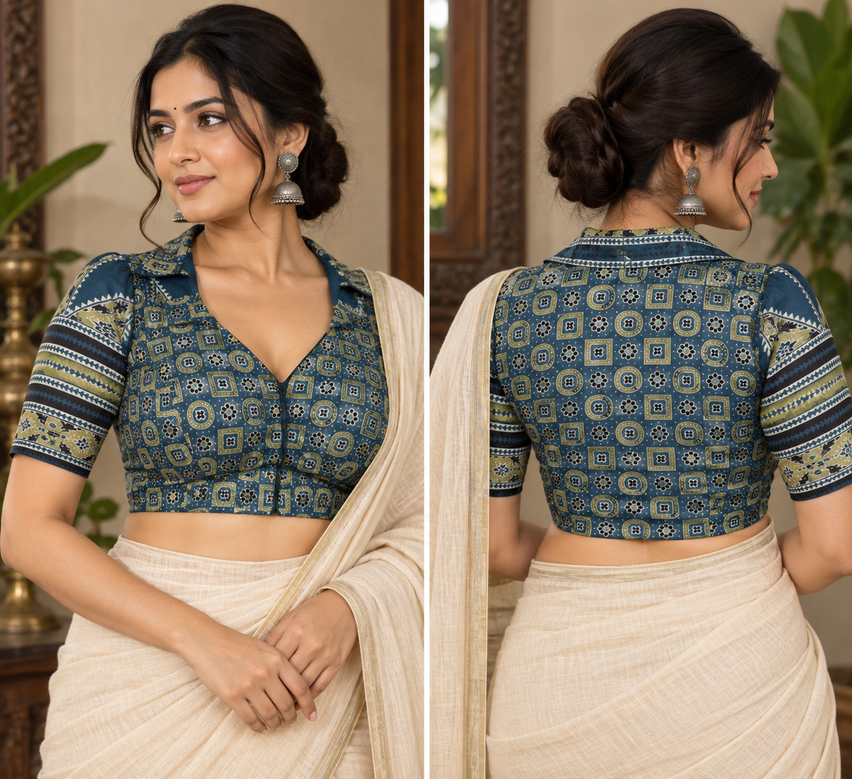 Blue Printed Modal Silk Shirt Collar Blouse with Sleeves