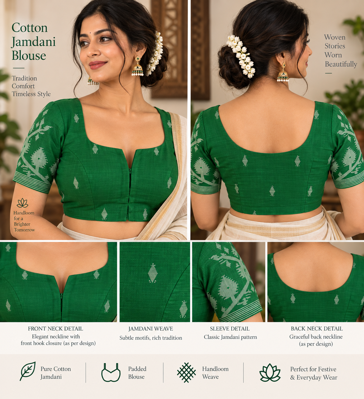 Dark Green Cotton Jamdani Padded Blouse