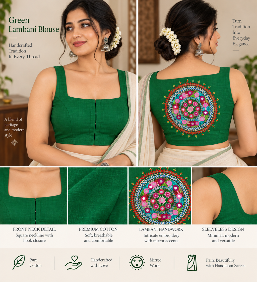 Green Cotton Sleeveless Lambani Blouse