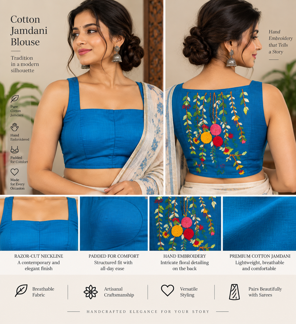 Blue Cotton Jamdani Razor-Cut Blouse with Hand Embroidery