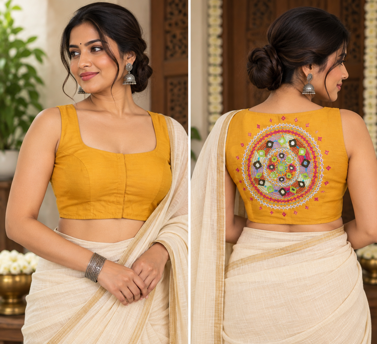 Mustard Cotton Sleeveless Lambani Blouse