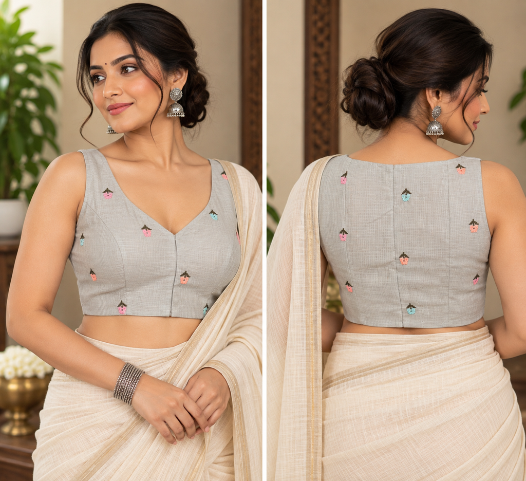 Pastel Grey Cotton Hand-Embroidered Sleeveless Blouse