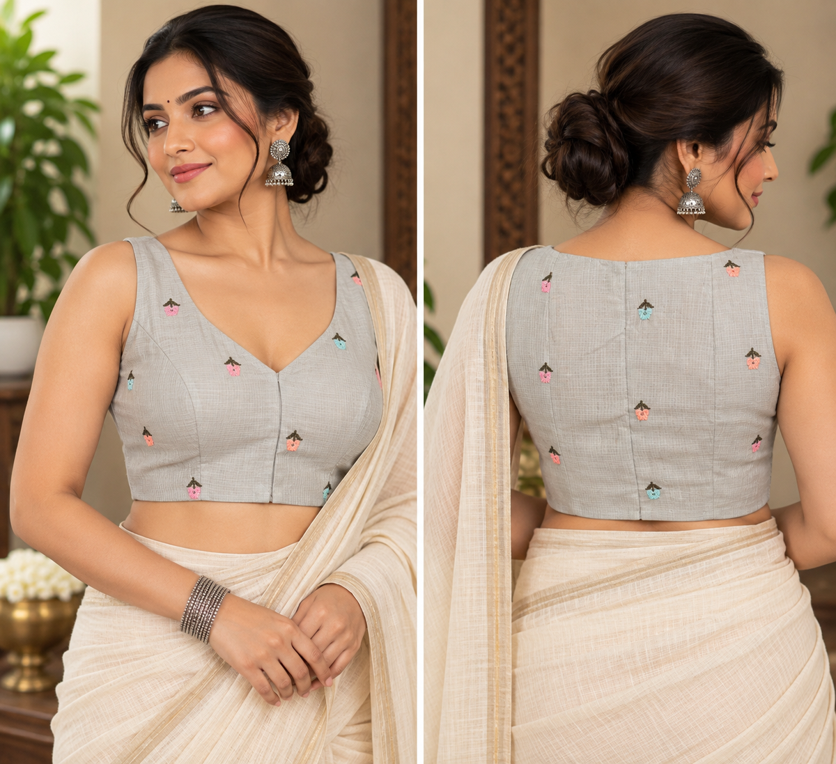 Pastel Grey Cotton Hand-Embroidered Sleeveless Blouse