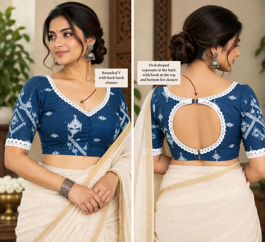 Navy Blue Cotton Jamdani Half-Sleeve Blouse