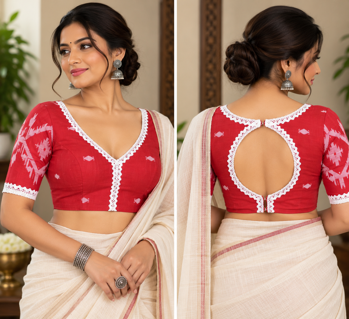 Red Jamdani Padded Half-Sleeve Blouse