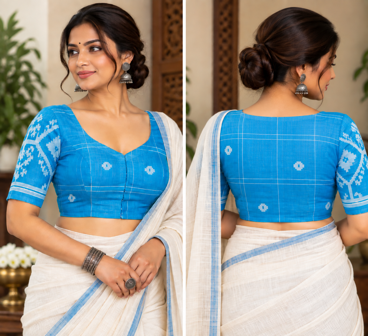 Blue Cotton Jamdani Padded Half-Sleeve Blouse
