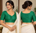 Emerald Green Raw Silk Padded Short-Sleeve Blouse