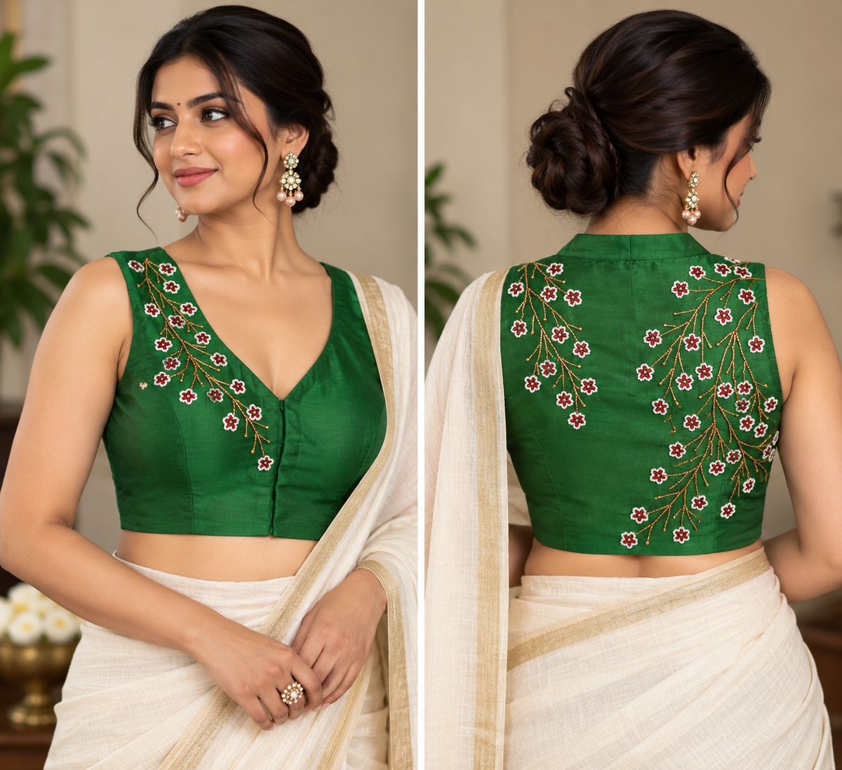 Green Silk Hand-Embroidered Beaded Sleeveless Blouse