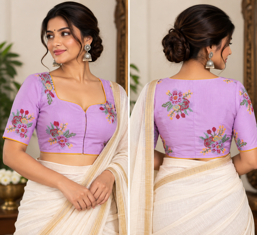 Lilac Cotton Cross-Stitch Embroidered Half-Sleeve Blouse