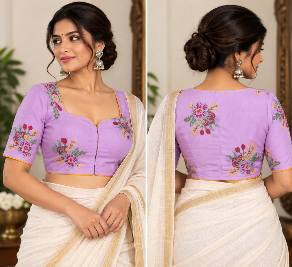 Lilac Cotton Cross-Stitch Embroidered Half-Sleeve Blouse