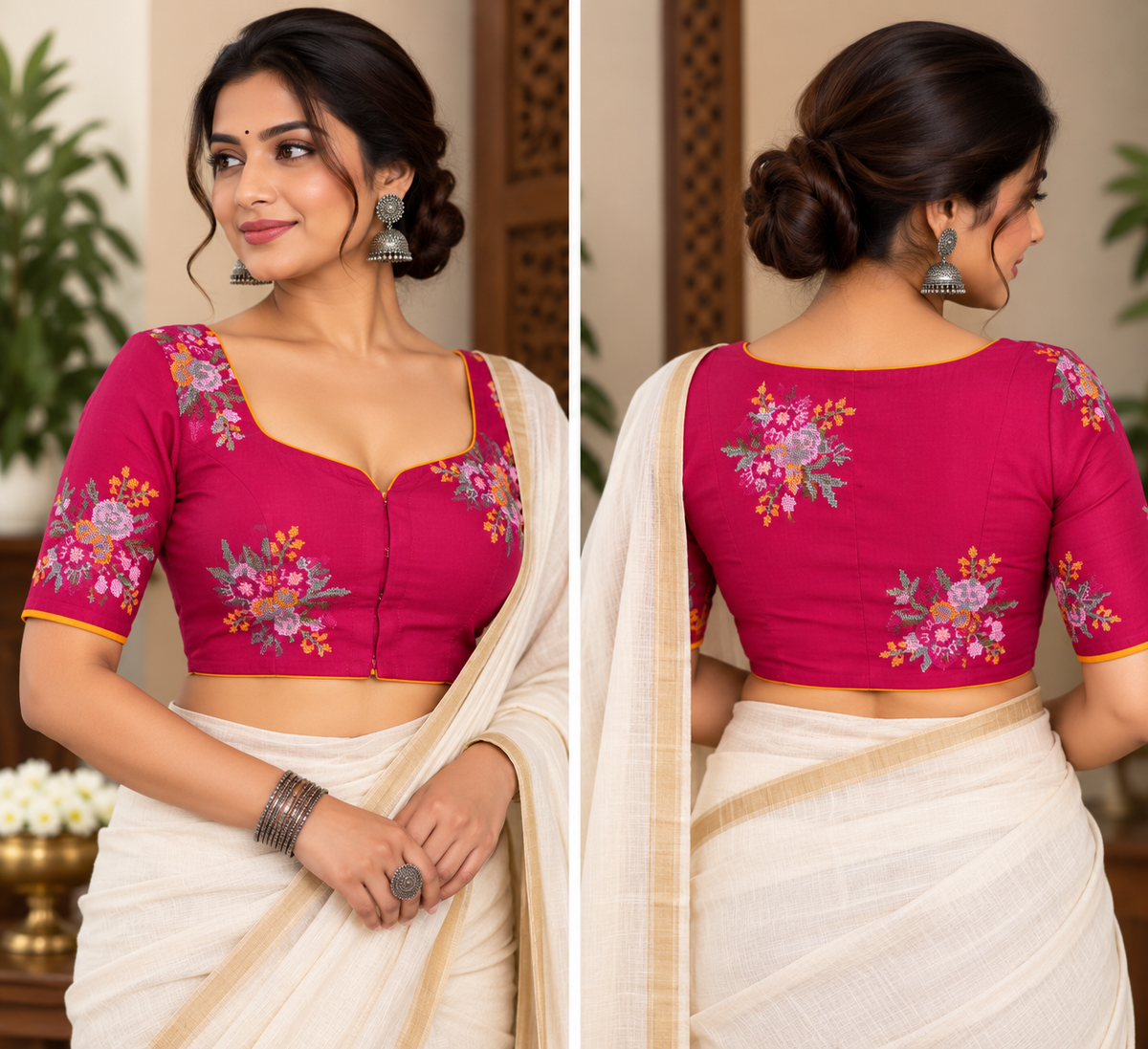 Red Cotton Cross-Stitch Embroidered Elbow-Sleeve Blouse