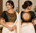 Black Cotton Embroidered Padded Half-Sleeve Blouse