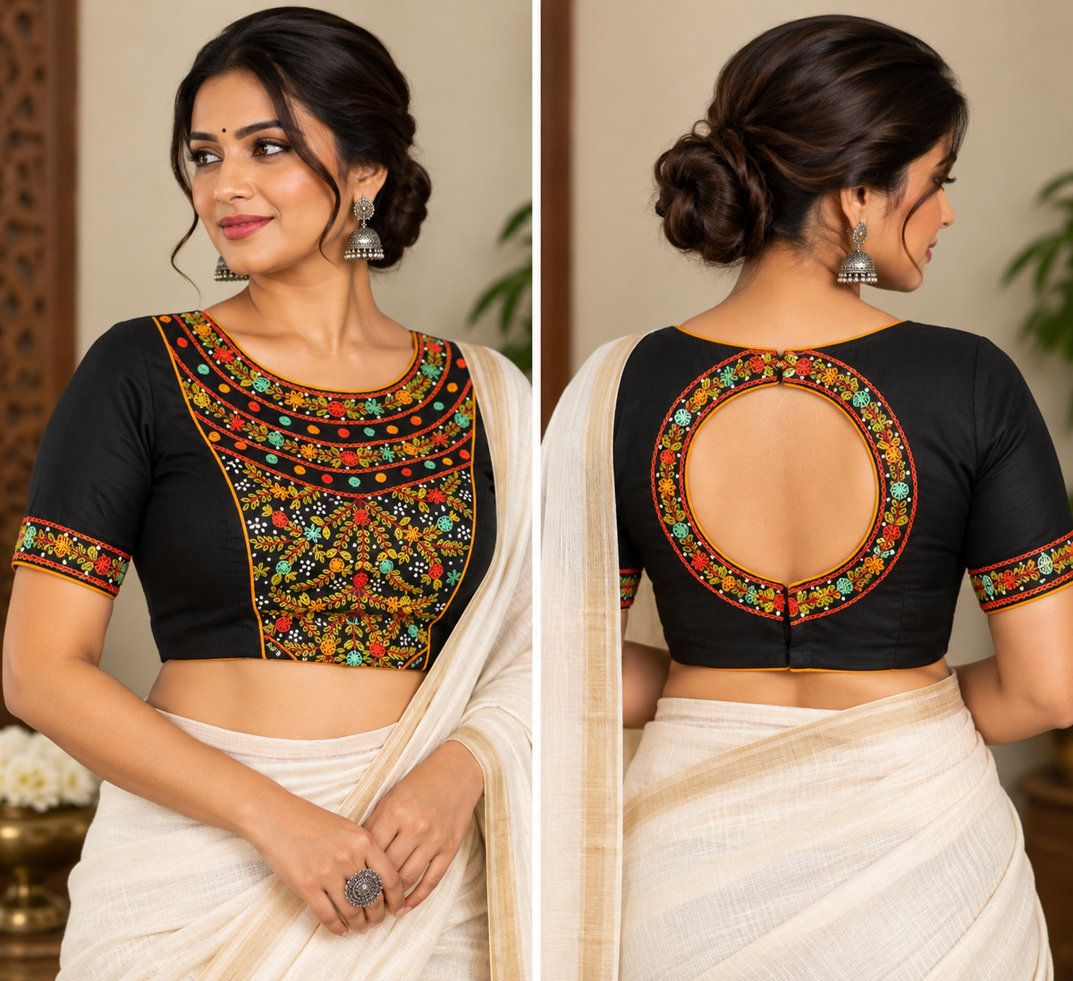 Black Cotton Embroidered Padded Half-Sleeve Blouse