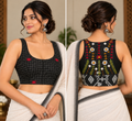 Black Razor-Cut Jamdani Blouse with Back Hand Embroidery